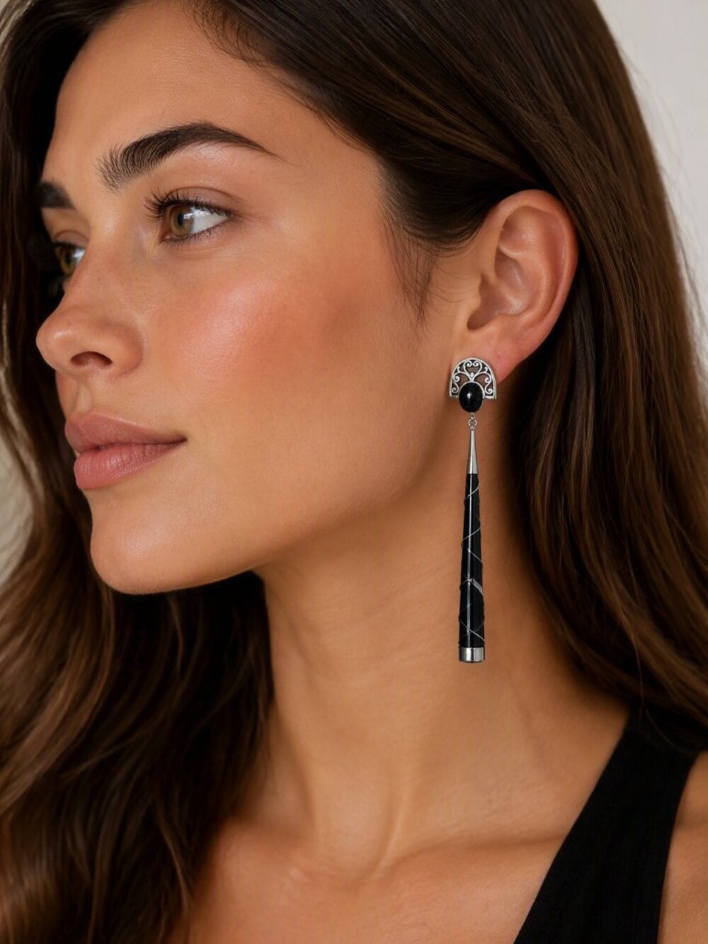 VTG 80s TASO 925 Sterling Silver Black Onyx Lucite Art Deco Dangle Earrings 5” - Picture 2 of 6